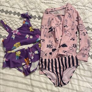 Purple Floral Bikini and Pink Animal Print Rash Guard Set